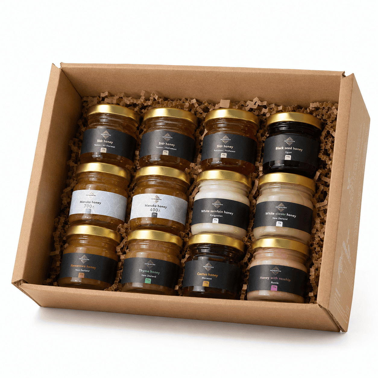 Discovery box: 12-pack med sällsynta & lyxiga honungssorter.
