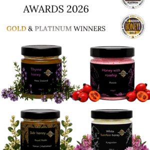 London honey award winners bundle: Sidr Hadramaut, Thyme New Zealand, White Kyrgyzstan, Pink Siberian rosehip